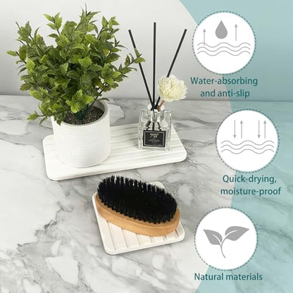 2-Pc Diatomite Coaster Set with Non-Slip Pads & Sandpaper, Quick-Dry Absorbent Mat for Sink & Stone Soap Tray, Suitable for Kitchen Countertops, Bathroom Scenarios - White
