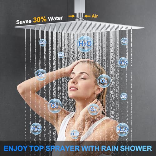Shower Faucet Set, 12" Ceiling Mount Rainfall Shower System with 2 Rain Shower Head and Multi-function Handheld Head Push Button Diverter Shower Faucet Trim Kit (12", Polished Chrome) - color: Chrome Polished, style: 12"-Ceiling-01