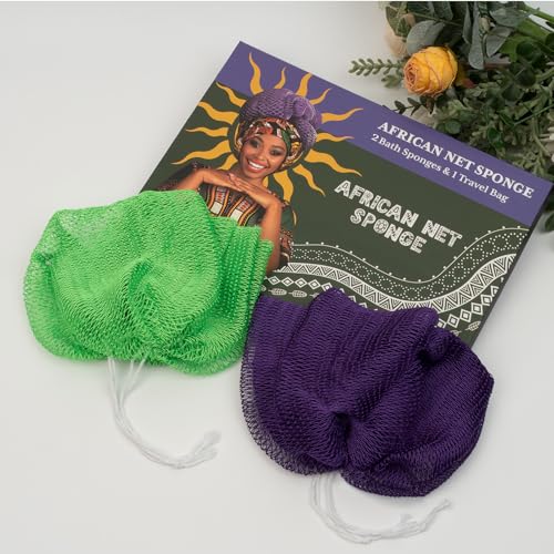 Bathway African Net Sponge Authentic with Handles (Set of 2), African Exfoliating Net Sponge, Exfoliating Body Scrubber Bath Sponge - Bathing Accessories with Storage Bag (Purple & Green) - color: Purple & Green