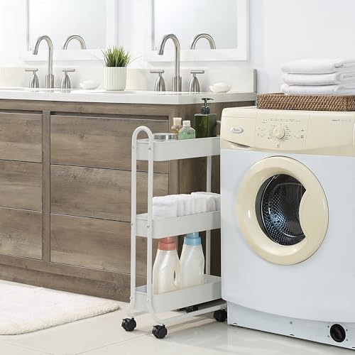 SunnyPoint Slim Rolling Storage Cart, 3 Tier Bathroom Storage Organizer Bathroom, Laundry Utility Cart (White) - color: White