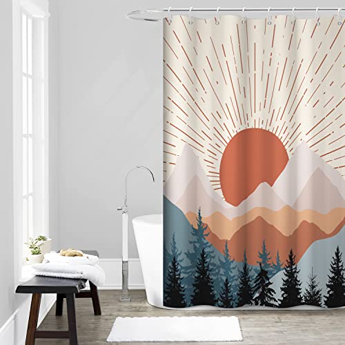 Boho Sunrise Shower Curtain with Hooks for Bathroom 60x72 Inch | Waterproof Abstract Terracotta Mountain Forest Shower Curtain Set, Soft Bathroom Decor, Machine Washable - color: Abstract 024, size: 60"W x 72"L (Pack of 1)