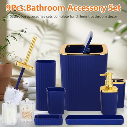 9 PCS Navyblue Bathroom Accessories Set with Trash Can Bathroom Accessory | All-in-One Kit with Trash Can,Toothbrush Holder,Soap Dispenser,Toothbrush Cup,Vanity Tray,Soap Dish,Toilet Brush etc for Home - color: Navy Blue