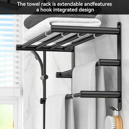 CAXIMSY Black Adjustable Towel Bar for Bathroom Wall Mount17-30.7inch Adhesive Shower Towel Rack Stainless Steel Bath Towel Holders for Toilet Kitchen Double Towel Hanger (Black 3-Layer Towel Rack)