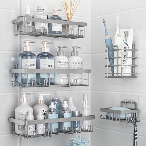 Liuoud 5 Pack Shower Caddy Organizer Rack Shelf for Inside Shower, Self Adhesive Bathroom Wall Storage Basket Rustproof Stainless Steel Large Capacity Shampoo Holder, Grey - color: Grey, size: Large