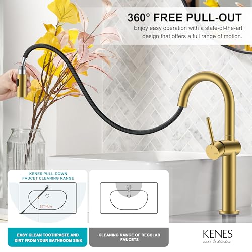 Brushed Gold 1 Handle Tall Vessel Sink Faucet with Pull Down Sprayer | Vessel Bowl Faucet with Pop Up Drain & Supply Lines, Lead-Free cUPC & NSF Certified, 1 Hole Faucet for Vanity RV Restroom - color: Brushed Gold, size: Tall