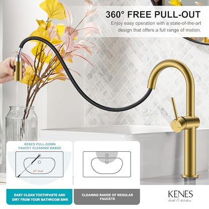 Brushed Gold 1 Handle Tall Vessel Sink Faucet with Pull Down Sprayer | Vessel Bowl Faucet with Pop Up Drain & Supply Lines, Lead-Free cUPC & NSF Certified, 1 Hole Faucet for Vanity RV Restroom - color: Brushed Gold, size: Tall