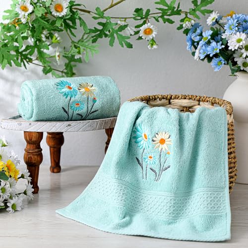 SmoothNovelty 2 Pcs Daisy Hand Towels Teal Flower Bathroom Decor 14x29 Inch Embroidered 100% Cotton Soft Absorbent Spring Summer Decorative Daisy Hand Towels for Bathroom Kitchen - style: Daisy Flower