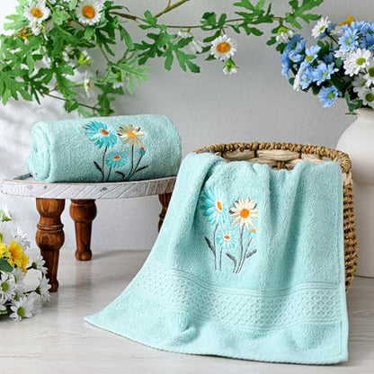 SmoothNovelty 2 Pcs Daisy Hand Towels Teal Flower Bathroom Decor 14x29 Inch Embroidered 100% Cotton Soft Absorbent Spring Summer Decorative Daisy Hand Towels for Bathroom Kitchen - style: Daisy Flower