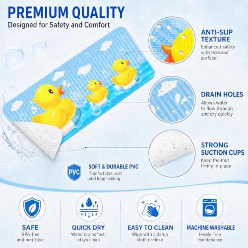 Cinrobiye Bath Mat for Tub Non Slip, 40 x 16 Inch Duck Cartoon Bathtub Shower Mat with Suction Cups and Drain Holes, Waterproof Machine Washable Bathroom Mat - color: Yellow