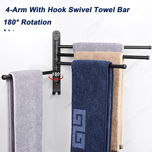 NearMoon Swivel Towel Rack, 13.8" Thicken 304 Stainless Steel 4-Arm Towel Bar, Space Saving Wall Mounted Towel Holder with Hook, Rustproof Swing Out Towel Hanger for Bathroom, Kitchen (Matte Black) - color: Matte Black, size: 13.8 Inch