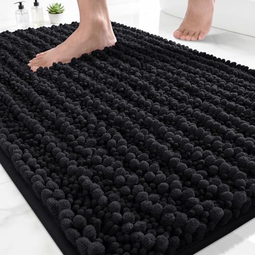 Yimobra Bathroom Rugs Non Slip Washable - Ultra Soft Absorbent Chenille Bath Mat, Quick Dry Shaggy Floor Carpet for Tub Shower, Black Home Decor Accessories, 24x17 Inch - color: Black, size: 24" X 17"