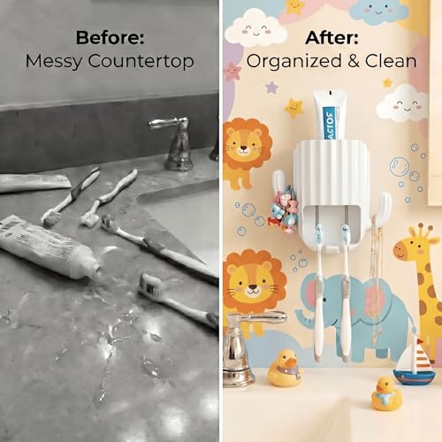 Kids Toothbrush Holder Wall Mount, Cute Cactus (White) | Bathroom Organizer, PP Cactus Holder, Toothbrush Toothpaste Hair Tie Accessories,Multi-Function Organizer - color: White