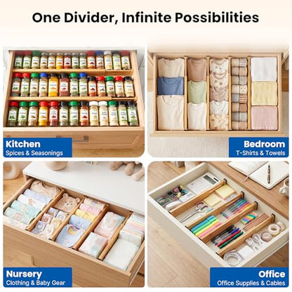 4 Pack 2.36" Bamboo Drawer Dividers, 17-22" Expandable Kitchen Organizers | Adjustable Spring-Loaded Tension Separators with Foam Pad for Clothes, Utensils, Kitchen, Dresser, Nursery & Bathroom - size: 2.36"H, 17-22"L Adjustable