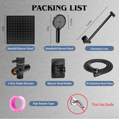 12 Inch Shower Head, Rain Shower Head with Adustable Extension Arm, Detachable Matte Black Rina Shower Head with Handheld Spray, High Pressure Shower Hose with Holder in Bathroom(Black) - color: Black, size: 12 Inch - Standard