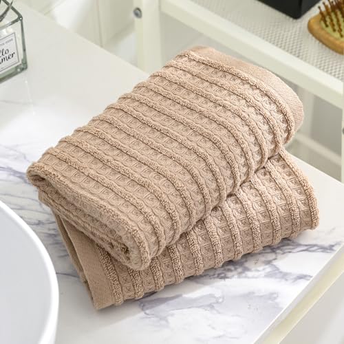 sense gnosis Brown Hand Towel Set of 2 Waffle with Terry Striped Pattern 100% Cotton Ultra Soft Absorbent Towels for Bathroom Kitchen Home 13 x 29 Inch - color: Brown