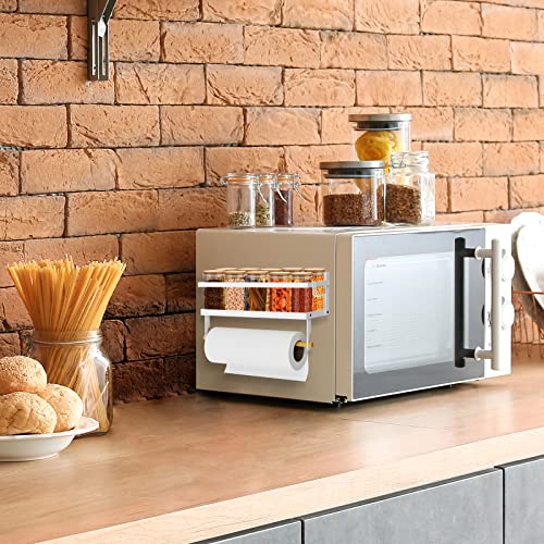 Spice Rack Magnetic Shelf with Paper Towel Holder Roll and Hooks, Foldable Refrigerator Magnetic Spice Holder, Seasoning Organizer Hanging Spice Storage Stand, White - color: White