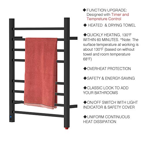 HEATGENE 8-Bar Square Towel Warmer, Heated Towel Rack, Timer, Matte Black | 8 Square Bars With Timer And Temperature Control, 304 Stainless Steel Construction, Plug-In Or Hardwired Installation - color: Matte Black