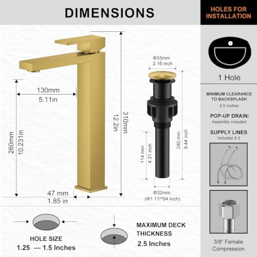 Brushed Gold Vessel Sink Faucet Single Hole Tall Bathroom Sink Faucet | Vessel Bowl Faucet with Pop Up Drain & Supply Lines, Lead-Free cUPC & NSF Certified, 1 Hole Faucet for Vanity RV Restroom - color: Gold, size: Tall