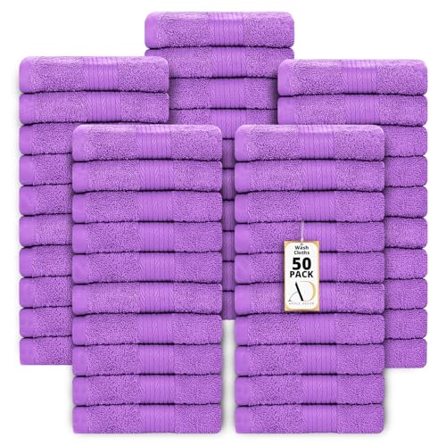 100% Cotton Washcloths 12x12 Inches, 600 GSM, Soft & Absorbent, Durable, Set of 50, Purple - color: Purple, size: Washcloth Set of 50