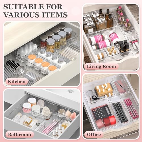 DILIBRA 12 Pcs Clear Extendable Drawer Organizer, Adjustable Drawer Storage | 2-Size Desk Drawer Organizer, Plastic Non-Slip Storage Bins for Makeup Cosmetic Jewelries Utensils Stationery Dressers Tool - size: 4Pcs Large + 8Pcs Medium