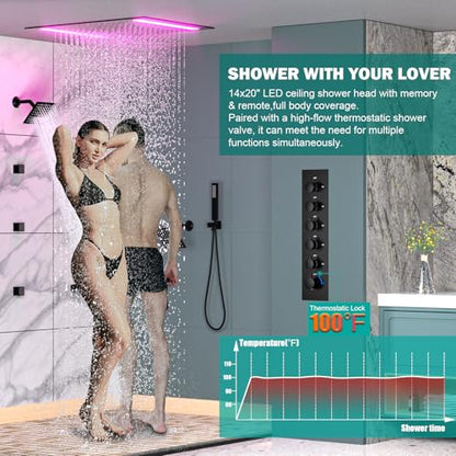 HOMEDEC Multi-Function Shower System with LED 14x20inch and Dual 6" Shower Heads, 5 Way Thermostatic Diverter Valve Shower Faucet Set, Black - color: Black, style: 5-Way + 2x 6" Top