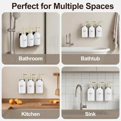 Shampoo and Conditioner Dispenser Set of 3, Matte White | Gold Pumps, 16.9 oz Refillable Bottles, No-Drill Wall Mount, 27 Labels, For Bathrooms, Hotels and Airbnbs - color: Matte White Bottle + Gold Pump