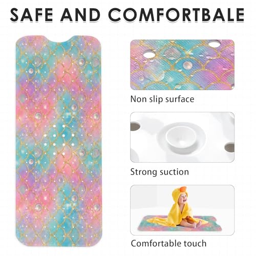Mermaid Seashell Glitter Bathtub Shower Mat Ocean Princess Non-Slip Tub Extra Long Bath Floor 40X16 Inch Machine Washable for Bathroom Tub Bath Mat for Toddler and Baby - color: Coloful Mermaid Scales