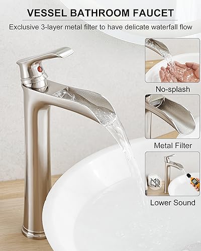 Brushed Nickel Bathroom Faucet Brass Waterfall Faucet for Bathroom Sink, Tall Vessel Sink Faucets, Vanity Faucet 1 Hole Single Handle with Pop-Up Drain Supply Hoses for Lavatory RV Farmhouse - color: Brushed Nickel