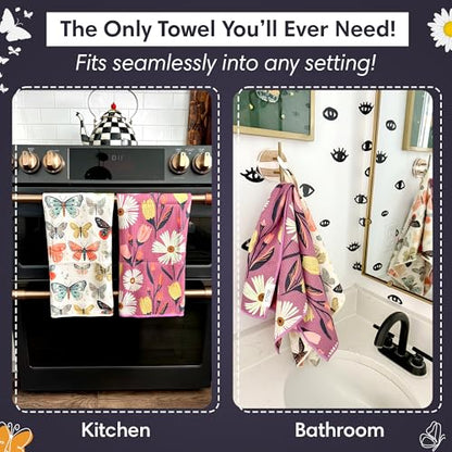 Double-Sided Microfiber Hand Towels, Waffle Kitchen Towels Set for Home Use | 2 Towels, 17x27 Inches, Durable & Soft, Fast Drying, Hand Wash Cloth and Dishcloth, Wings & Flower Farm, Purple/Cream Kitchen - color: Wings & Flower Farm - Purple/Cream, size:
