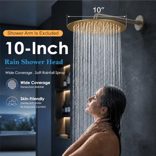 Midanya Round Rain Shower Head,High Pressure,Brushed Gold 10 Inch | 360°Swivel,Ceiling or Wall Mount,Waterfall Full Body Coverage,Bathroom Remodel,Stainless Steel Large Rainfall Shower Head - color: Gold, size: 10 Inch