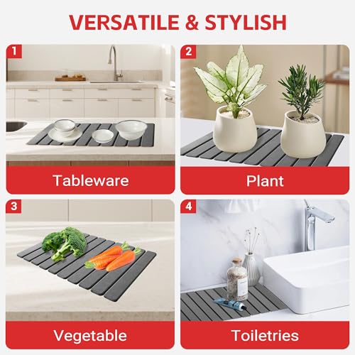 Stone Drying Mat For Kitchen Counter 24"x16" Foldable Super Absorbent Non-Slip Diatomaceous Earth Quick Dry Mat Matches Any Countertop Base for Dishes Cups Utensils Foldable Design Fast