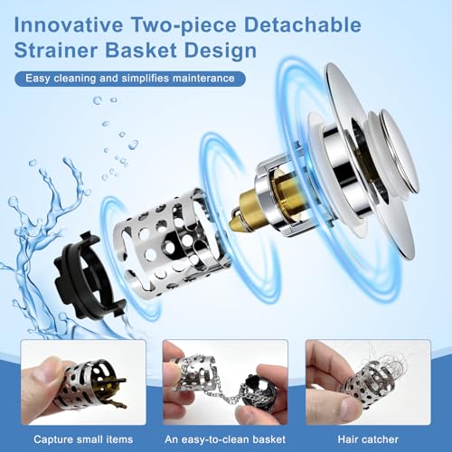 Upgraded 3 in 1 Bathroom Sink Drain Strainer, Universal Pop Up Stopper with Removable Stainless Steel Filter Basket Hair Catcher, Sink Plug for 1.1''~2.36'' Basin, Polished Chrome (2PC) - style: Polished Chrome (2PCS)