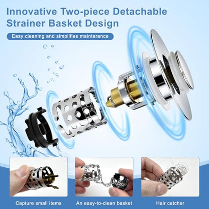 Upgraded 3 in 1 Bathroom Sink Drain Strainer, Universal Pop Up Stopper with Removable Stainless Steel Filter Basket Hair Catcher, Sink Plug for 1.1''~2.36'' Basin, Polished Chrome (2PC) - style: Polished Chrome (2PCS)