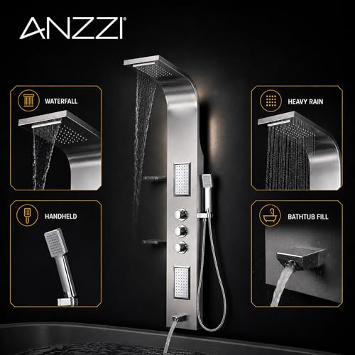 ANZZI Shower Panel Tower, Field 58 Inch Long Turbo High Pressure Shower | Handheld Sprayer Type Free Reign Euro Grip With 60 Reach, Includes One 1 Mesa Full Body One 1 Heavy Rain Head