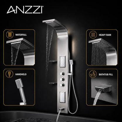 ANZZI Shower Panel Tower, Field 58 Inch Long Turbo High Pressure Shower | Handheld Sprayer Type Free Reign Euro Grip With 60 Reach, Includes One 1 Mesa Full Body One 1 Heavy Rain Head