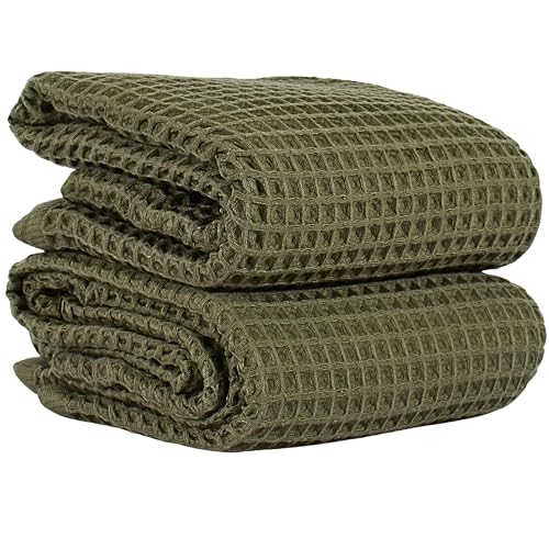 PÜSKÜL Natural 100% Turkish Cotton Waffle Bath Towels Set of 2, Extra-Large | Khaki Green, Oversize 32x63" Bath sheet towel for bathroom & beach. Honeycomb-Waffle weave, Premium oeko-tex made in Turkey. - color: Khaki Green, size: Bath Towels - Pack of 2
