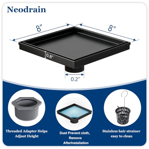 Neodrain 8 in Black Square Shower Drain with Removable Tile Insert Grate | 304 Stainless Steel Tile Square Drain, Hidden Drain,Easy to Clean, Waterproof & Sturdy Shower Drain, CUPC Certified - color: Matte Black, size: 8 IN