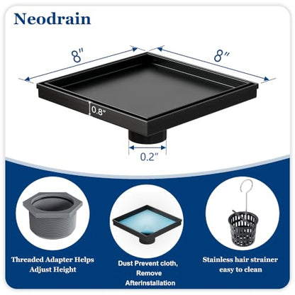 Neodrain 8 in Black Square Shower Drain with Removable Tile Insert Grate | 304 Stainless Steel Tile Square Drain, Hidden Drain,Easy to Clean, Waterproof & Sturdy Shower Drain, CUPC Certified - color: Matte Black, size: 8 IN