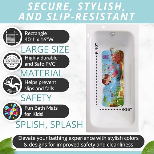 ENKOSI Non-Slip Bath & Shower Mat 40x16 Extra Long, Suction & Drain Holes | Fun mermaid print for kids; Durable PVC; 40x16 in, Mermaid - color: Mermaid Print