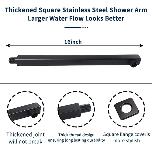 Rain Shower Head Black with Extension Arm 16 Inch Square Shower Head with 16 Inch Shower Arm Large Stainless Steel Rainfall Showerhead Matte Black Waterfall Full Body Coverage by GGStudy - color: Black, size: 16inch