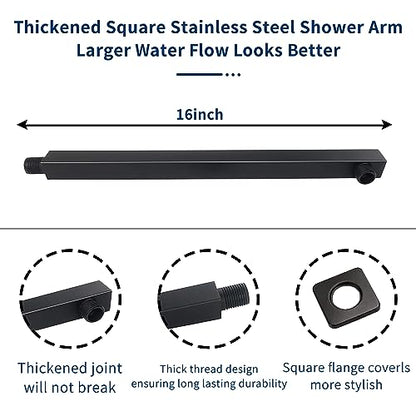 Rain Shower Head Black with Extension Arm 16 Inch Square Shower Head with 16 Inch Shower Arm Large Stainless Steel Rainfall Showerhead Matte Black Waterfall Full Body Coverage by GGStudy - color: Black, size: 16inch