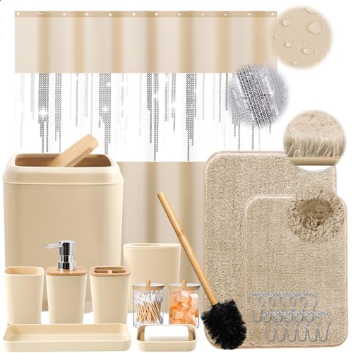 Beige Bathroom Accessories Set with Glitter Shower Curtain and Rugs,Bathroom Sets with Extra Soft and Absorbent Bath Rugs Sequin Shower Curtain Green Bathroom Sets for Bath Decor - size: Bath Set+Shower Curtain+Bath Rugs, style: Beige