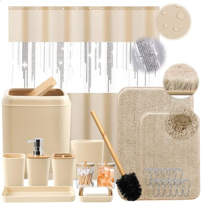 Beige Bathroom Accessories Set with Glitter Shower Curtain and Rugs,Bathroom Sets with Extra Soft and Absorbent Bath Rugs Sequin Shower Curtain Green Bathroom Sets for Bath Decor - size: Bath Set+Shower Curtain+Bath Rugs, style: Beige