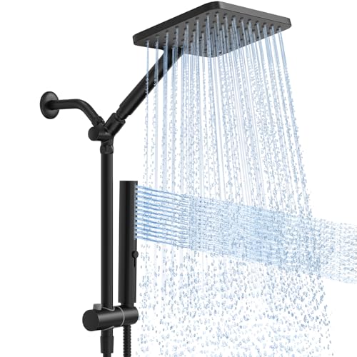 High Pressure Rain Shower Head with Handheld Combo, 10 Inch Square Rainfall Showerhead, Adjustable Slide Bar Dual Shower System, 3 Spray Modes, 59" Stainless Steel Hose, Matte Black - color: Matte Black, style: Basic