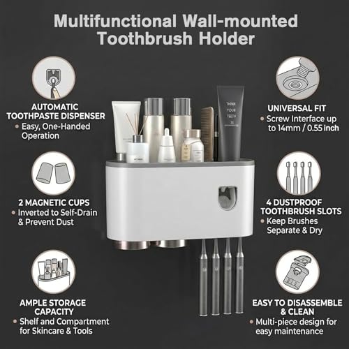 Multifunctional Wall-Mounted Toothbrush Holder, Automatic Toothpaste Dispenser Space Saving Toothbrush and Toothpaste Holder, with 2 Cup and Cosmetic Organizer (Gray 2Cup)