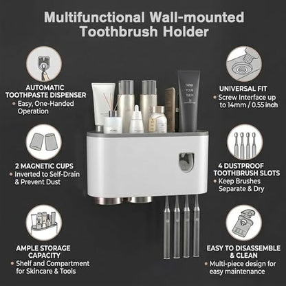 Multifunctional Wall-Mounted Toothbrush Holder, Automatic Toothpaste Dispenser Space Saving Toothbrush and Toothpaste Holder, with 2 Cup and Cosmetic Organizer (Gray 2Cup)