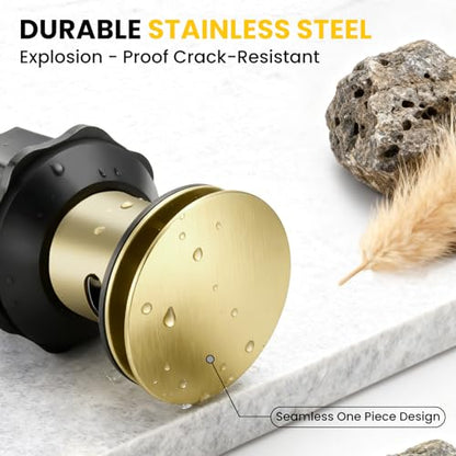 Pop up Bathroom Sink Drain with Overflow, Removable Stainless Steel Hair Catcher, Fits 1.5-1.75", Brushed Gold Stainless Steel Bathroom Sink Stopper for Vanity Vessel Sink Drain Stopper - color: Brushed Gold, style: Big Popup Cap