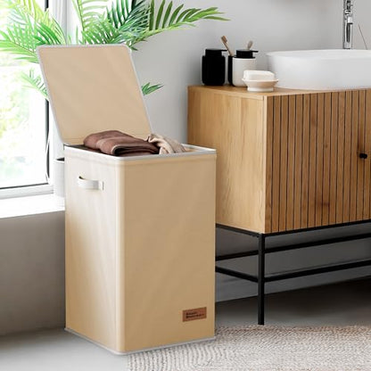 Simple Houseware Foldable Laundry Hamper Basket with Lid and Bag, Beige | Heavy Duty 600D Polyester, Water-Resistant Surface - color: Beige