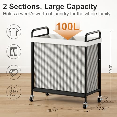 WOWLIVE Rolling Laundry Hamper 2 Section, 100L Laundry Basket with Wheels | Double Laundry Sorter with Metal Handle and Removable Bag, Large Clothes Hamper for Laundry Room, Bathroom and Dorm, Beige - size: 2-Section