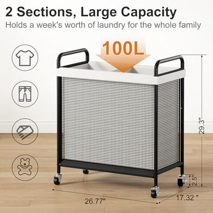 WOWLIVE Rolling Laundry Hamper 2 Section, 100L Laundry Basket with Wheels | Double Laundry Sorter with Metal Handle and Removable Bag, Large Clothes Hamper for Laundry Room, Bathroom and Dorm, Beige - size: 2-Section